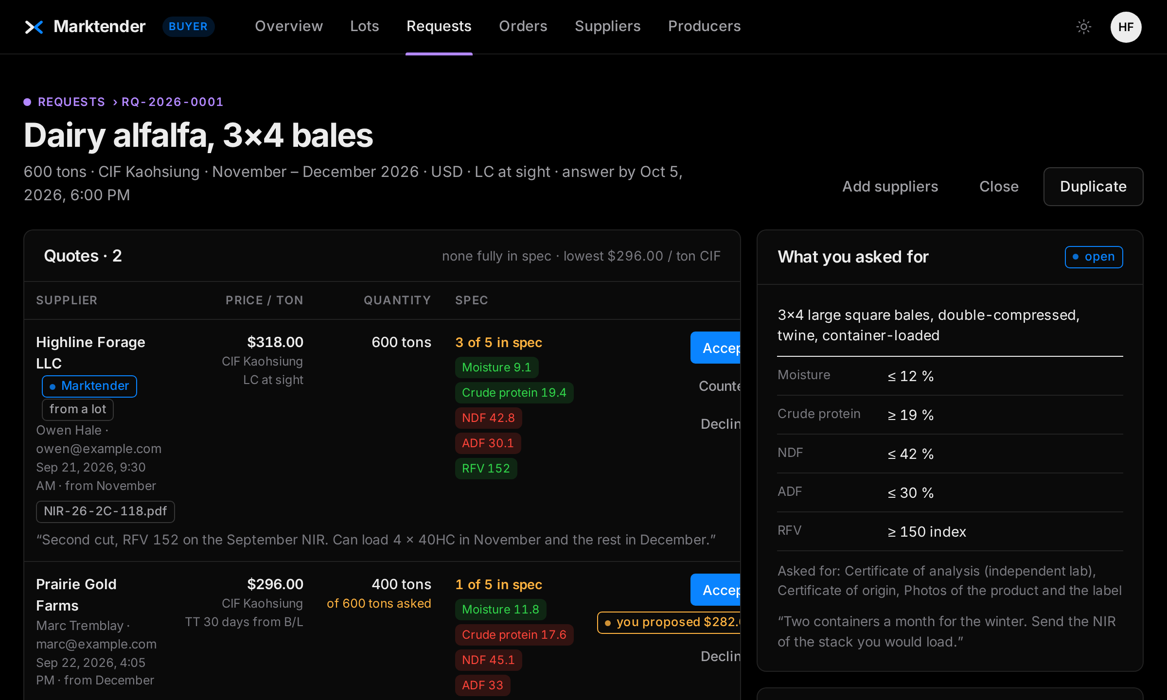 A buyer's request with the quotes compared against the spec